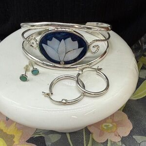 Vintage silver jewelry lot earrings bracelet blue green larimar hoops posts boho